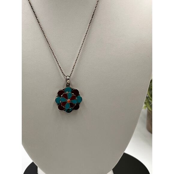 Sterling Silver Turquoise Coral Inlay Floral Bloom Spinning Pendant Necklace - Picture 6 of 13
